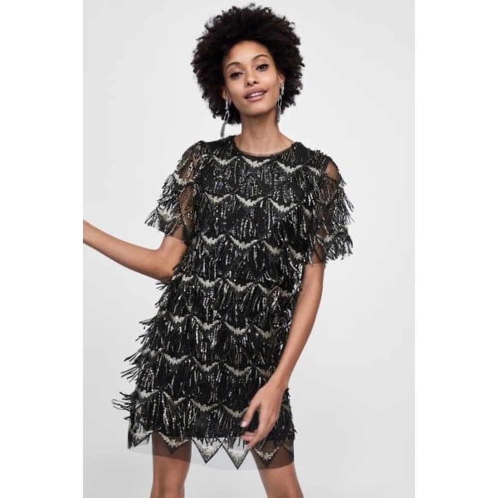 Zara Basic Sequin Fringe Mini Dress XS Black Gold Party Gatsby Cocktail Glam